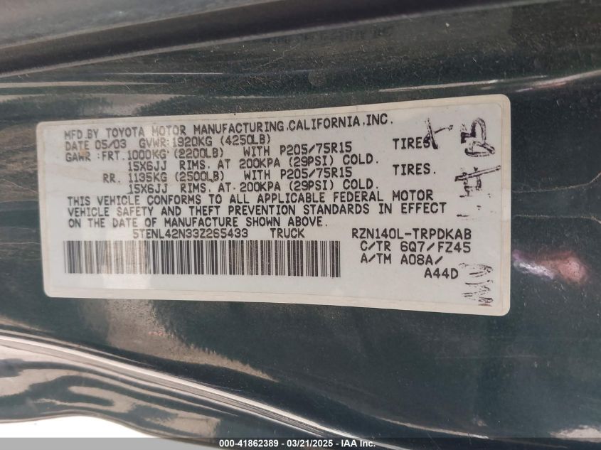 2003 Toyota Tacoma VIN: 5TENL42N33Z265433 Lot: 41862389