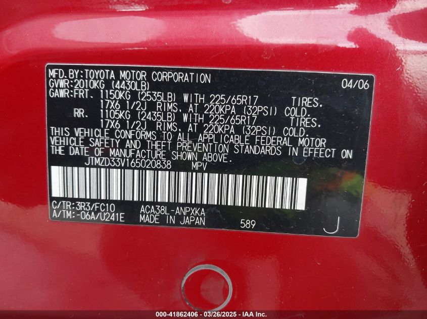 2006 Toyota Rav4 VIN: JTMZD33V165020838 Lot: 41862406