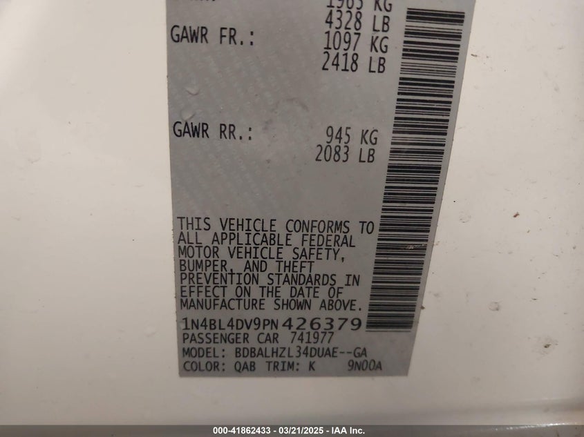 2023 NISSAN ALTIMA VIN: 1N4BL4DV9PN426379