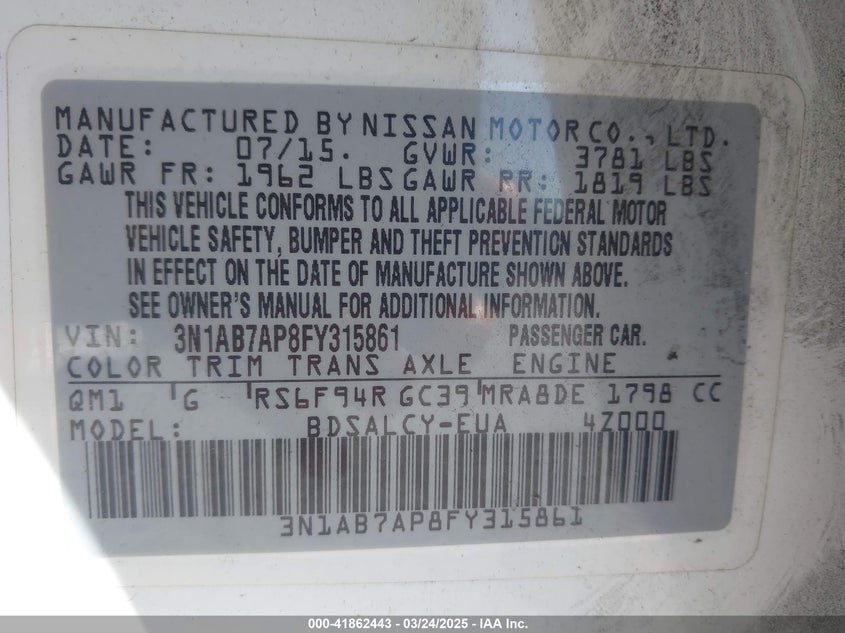 2015 NISSAN SENTRA VIN: 3N1AB7AP8FY315861