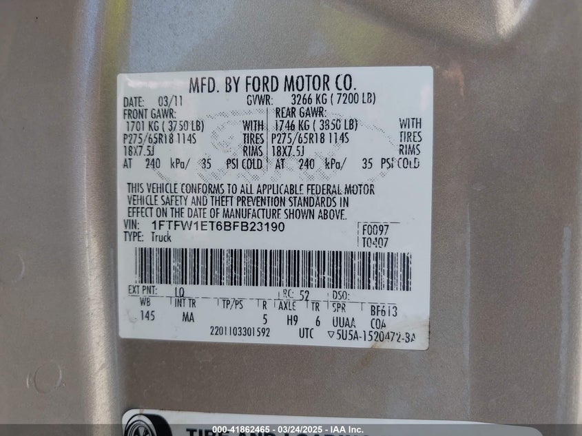 2011 FORD F-150 VIN: 1FTFW1ET6BFB23190