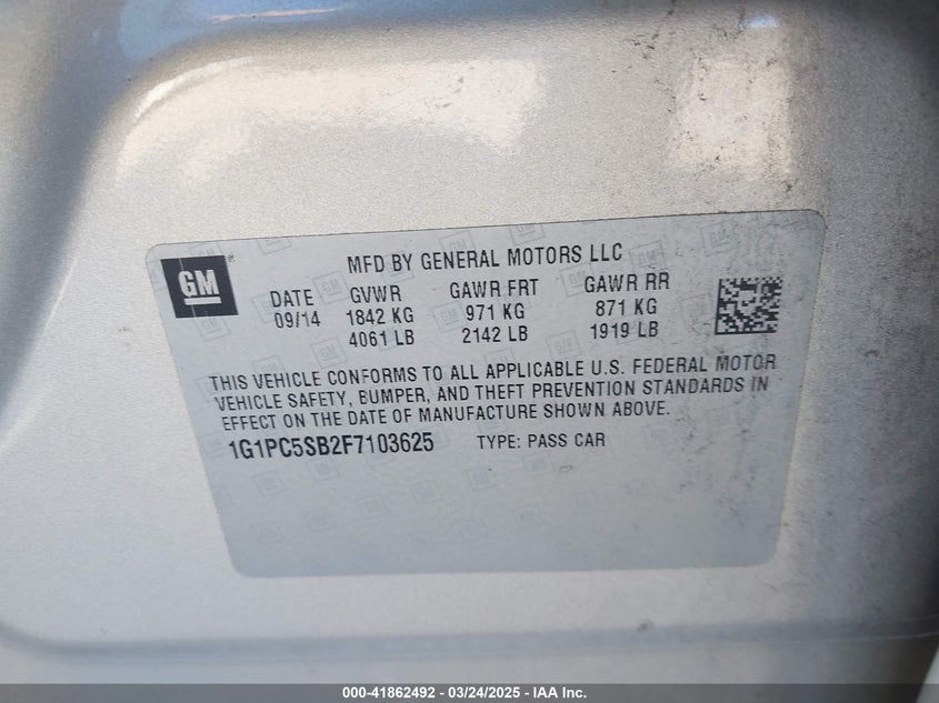 2015 CHEVROLET CRUZE VIN: 1G1PC5SB2F7103625
