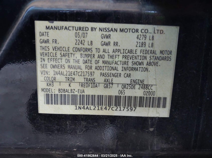 2007 NISSAN ALTIMA VIN: 1N4AL21E47C217597
