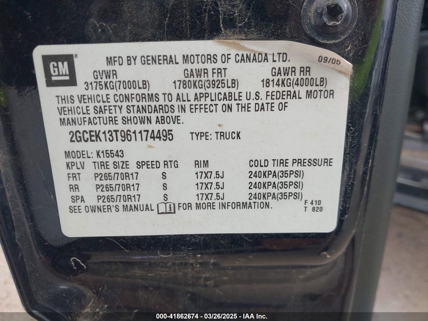 2006 CHEVROLET SILVERADO 1500 VIN: 2GCEK13T961174495
