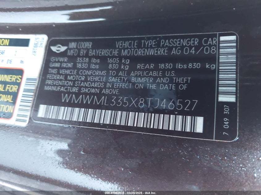 2008 Mini Cooper Clubman VIN: WMWML335X8TJ46527 Lot: 41862935