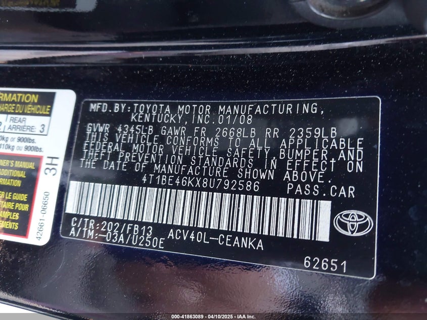 2008 TOYOTA CAMRY VIN: 4T1BE46KX8U792586