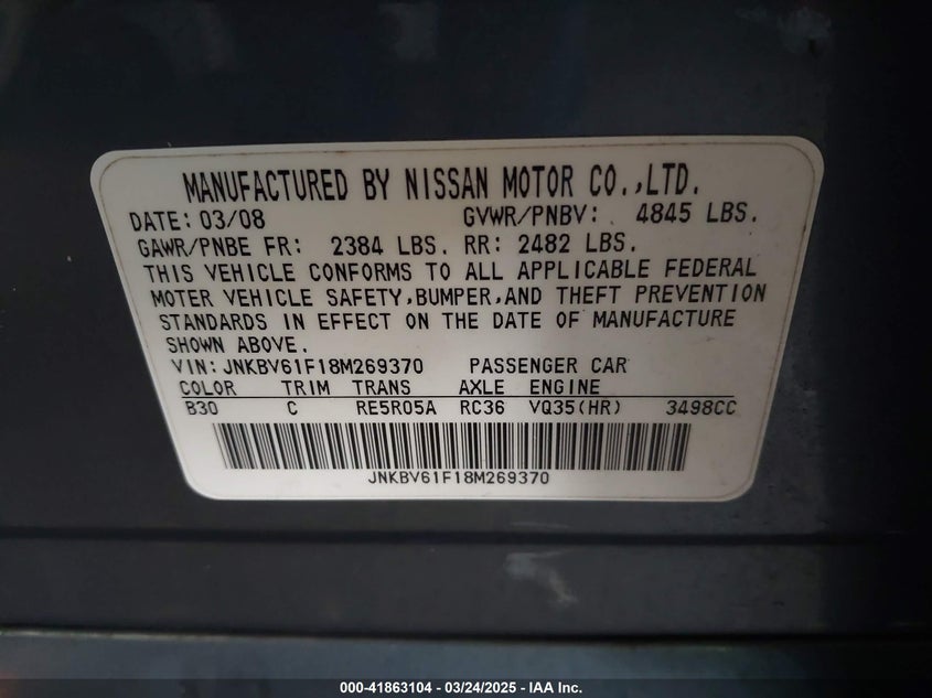 2008 INFINITI G35X VIN: JNKBV61F18M269370