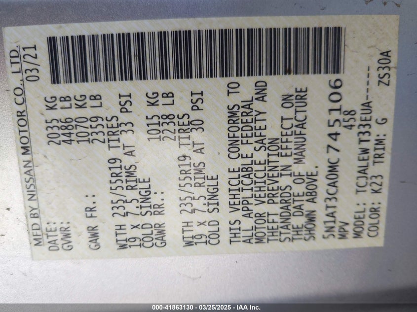 2021 NISSAN ROGUE SL FWD - 5N1AT3CA0MC745106