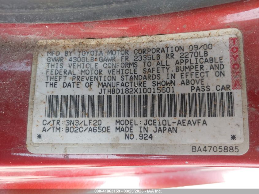 2001 Lexus Is 300 VIN: JTHBD182X10015601 Lot: 41863159