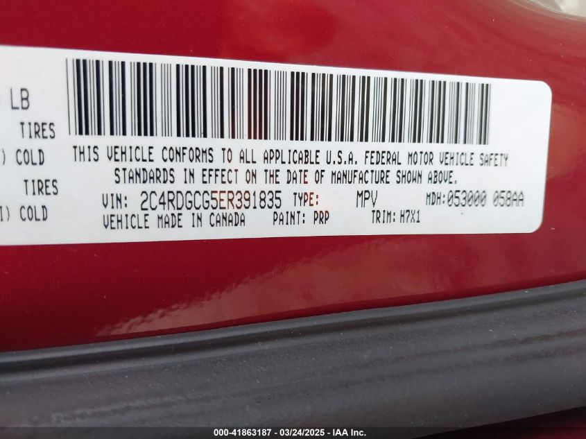 2014 Dodge Grand Caravan Sxt VIN: 2C4RDGCG5ER391835 Lot: 41863187