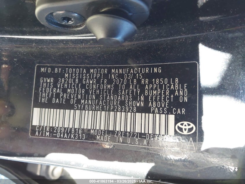 2015 TOYOTA COROLLA VIN: 5YFBURHE1FP283928