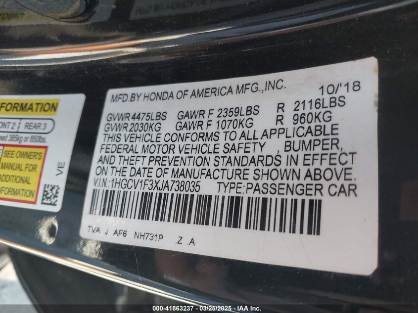 2018 HONDA ACCORD VIN: 1HGCV1F3XJA738035