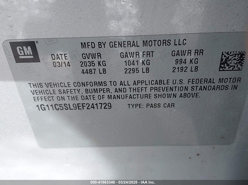 2014 CHEVROLET MALIBU VIN: 1G11C5SL9EF241729