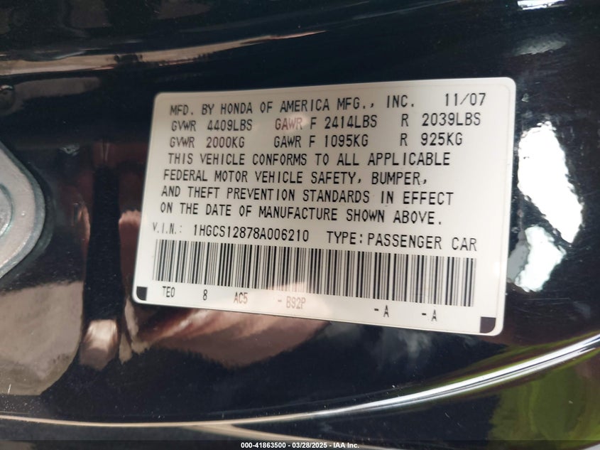2008 HONDA ACCORD VIN: 1HGCS12878A006210