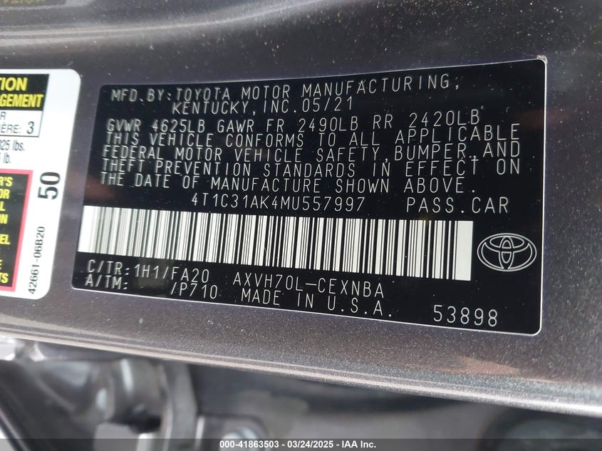 2021 TOYOTA CAMRY VIN: 4T1C31AK4MU557997