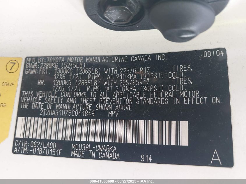 2005 Lexus Rx 330 VIN: 2T2HA31U75C041849 Lot: 41863608