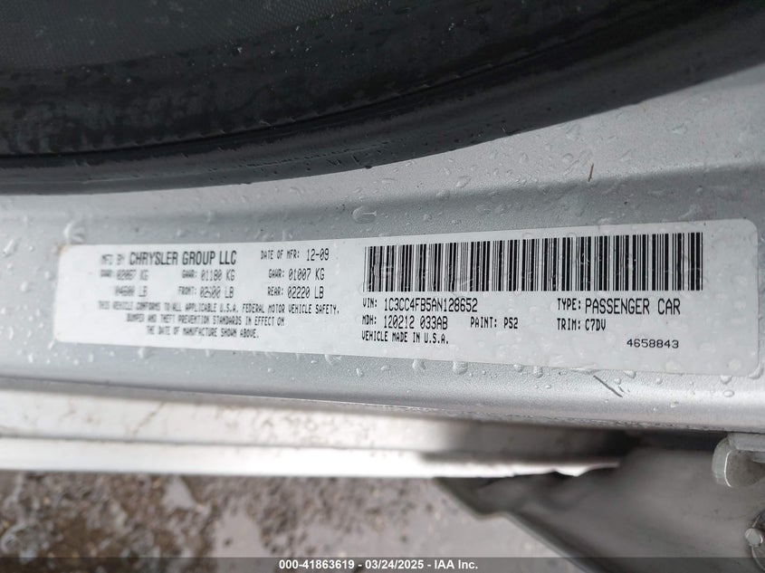 2010 CHRYSLER SEBRING VIN: 1C3CC4FB5AN128652