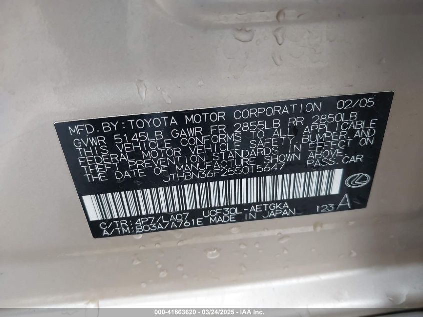 2005 Lexus Ls 430 VIN: JTHBN36F255015647 Lot: 41863620