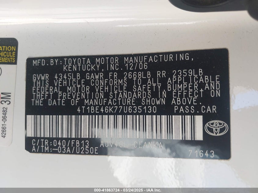 2007 TOYOTA CAMRY VIN: 4T1BE46K77U635130