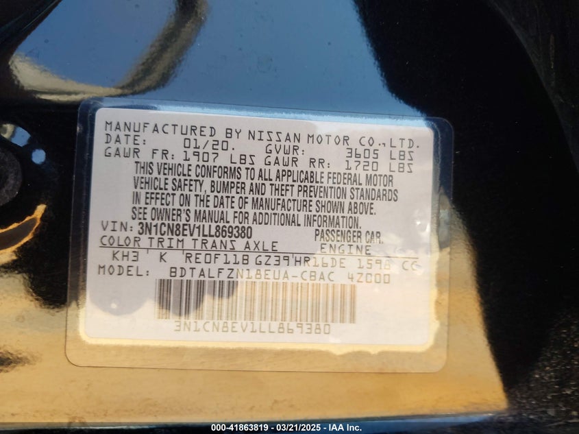 2020 NISSAN VERSA SV XTRONIC CVT - 3N1CN8EV1LL869380