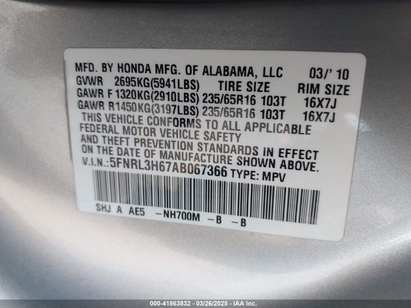 2010 Honda Odyssey Ex-L VIN: 5FNRL3H67AB067366 Lot: 41863832