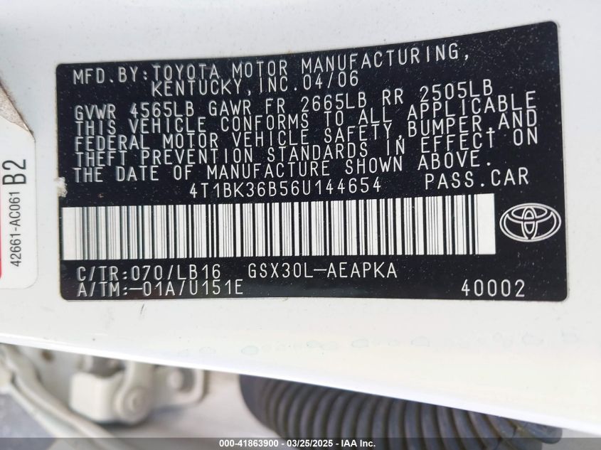 2006 Toyota Avalon Limited VIN: 4T1BK36B56U144654 Lot: 41863900