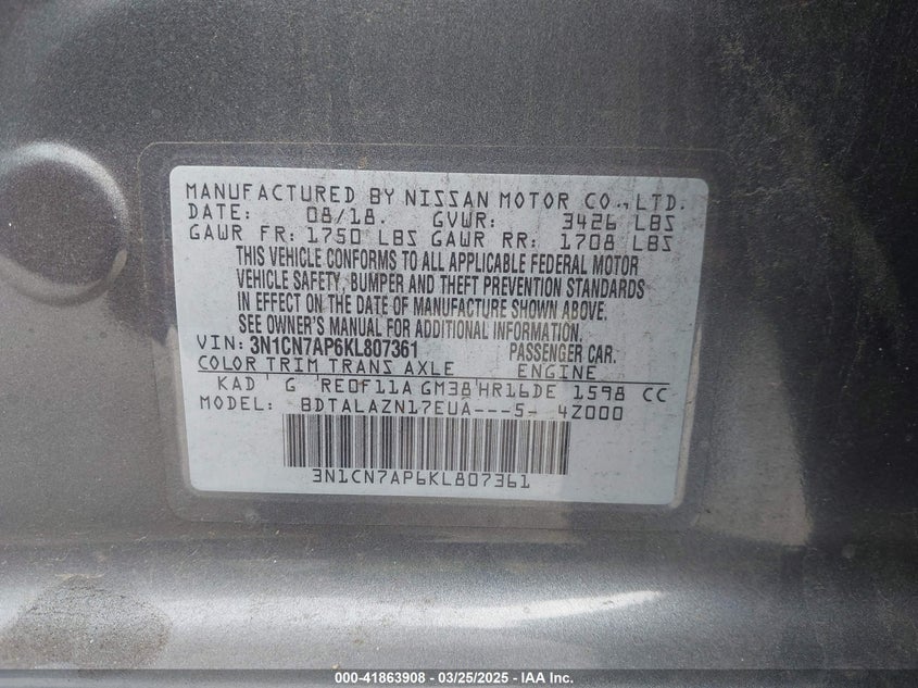 2019 NISSAN VERSA VIN: 3N1CN7AP6KL807361