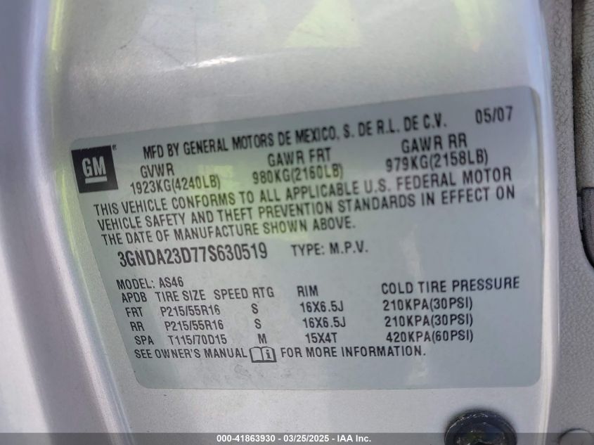 2007 Chevrolet Hhr Lt VIN: 3GNDA23D77S630519 Lot: 41863930