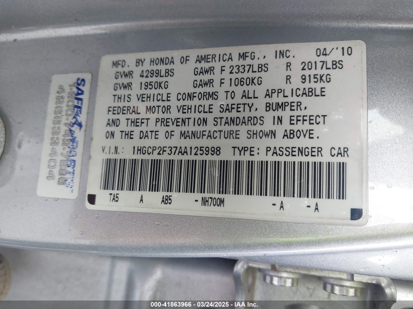 2010 HONDA ACCORD VIN: 1HGCP2F37AA125998
