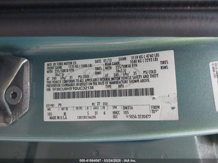 2013 FORD ESCAPE VIN: 1FMCU9HX1DUC32138