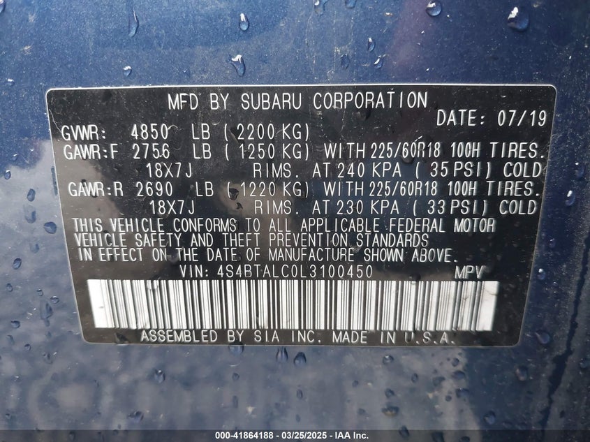 2020 SUBARU OUTBACK LIMITED - 4S4BTALC0L3100450