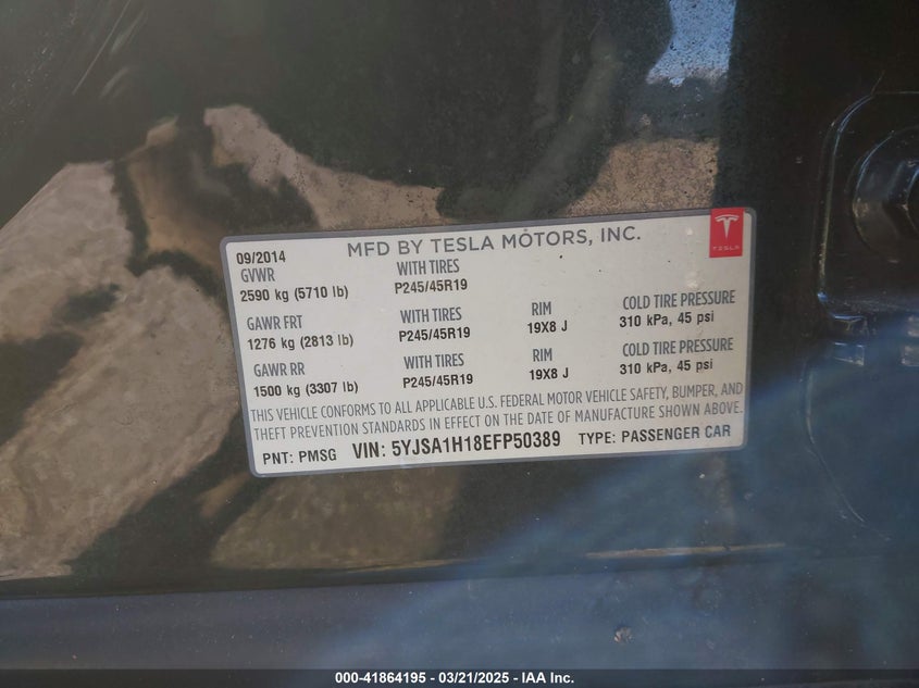 2014 TESLA MODEL S VIN: 5YJSA1H18EFP50389