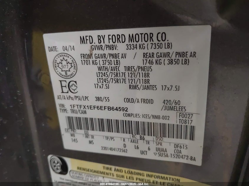 2014 FORD F-150 VIN: 1FTFX1EF6EFB64592