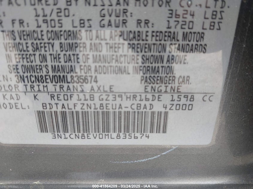 2021 NISSAN VERSA VIN: 3N1CN8EV0ML835674