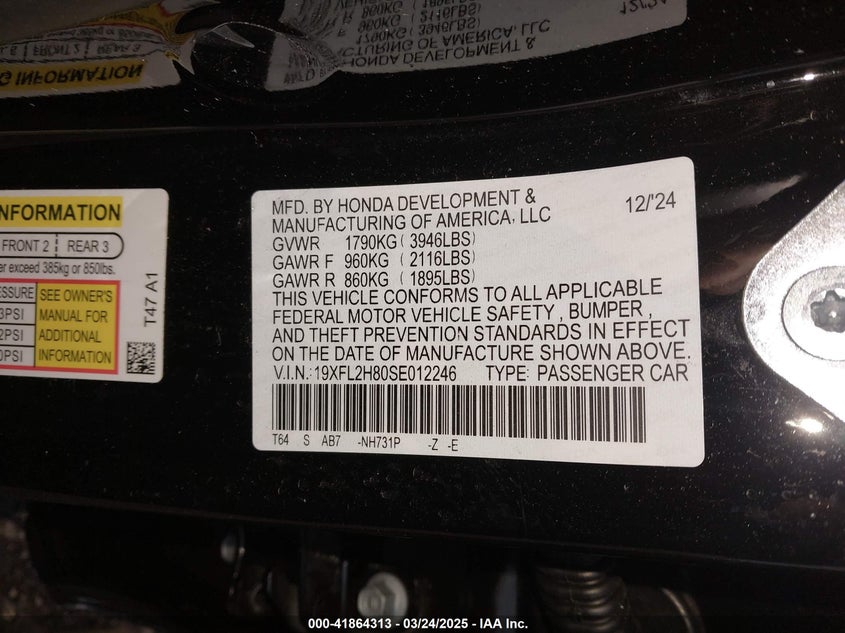 2025 HONDA CIVIC VIN: 19XFL2H80SE012246