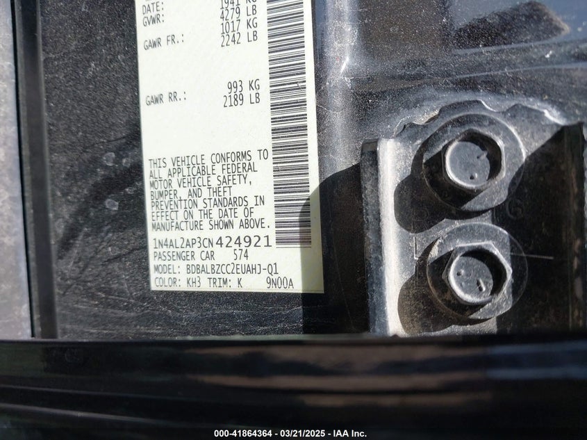 2012 NISSAN ALTIMA VIN: 1N4AL2AP3CN424921