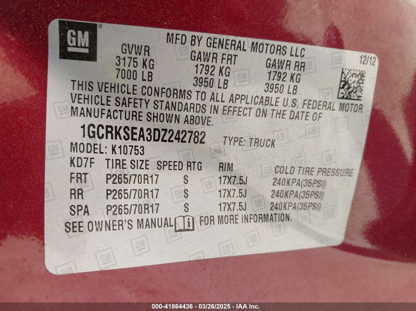 2013 CHEVROLET SILVERADO 1500 VIN: 1GCRKSEA3DZ242782