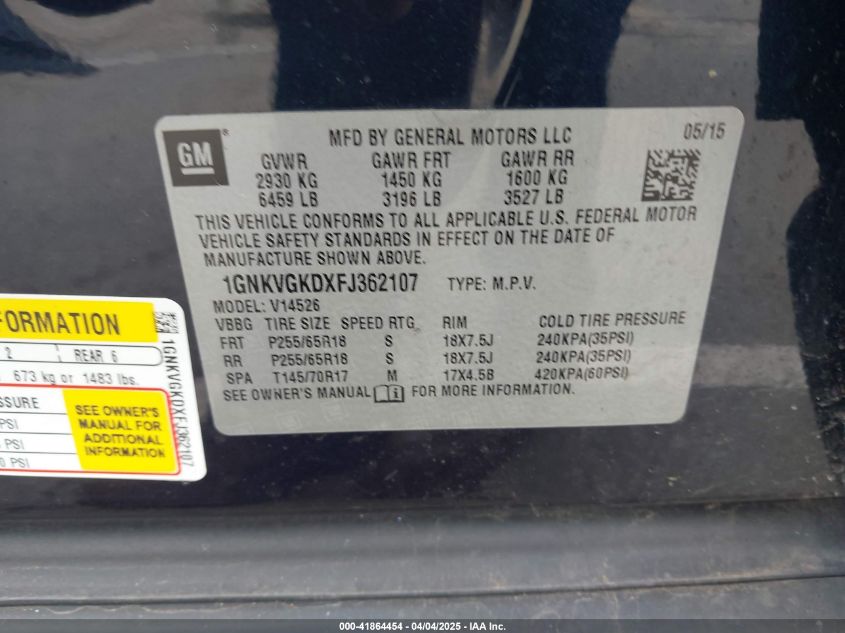 2015 Chevrolet Traverse 1Lt VIN: 1GNKVGKDXFJ362107 Lot: 41864454