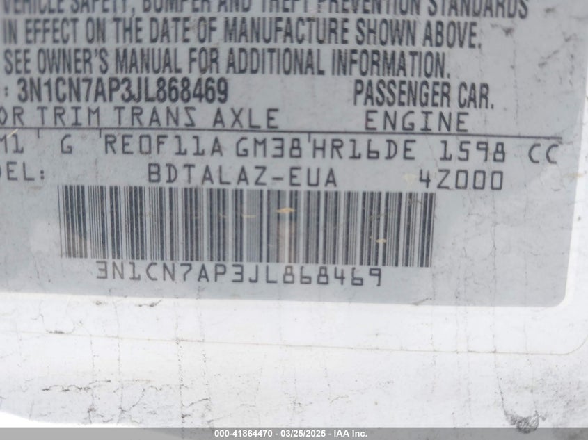 2018 NISSAN VERSA 1.6 S+ - 3N1CN7AP3JL868469