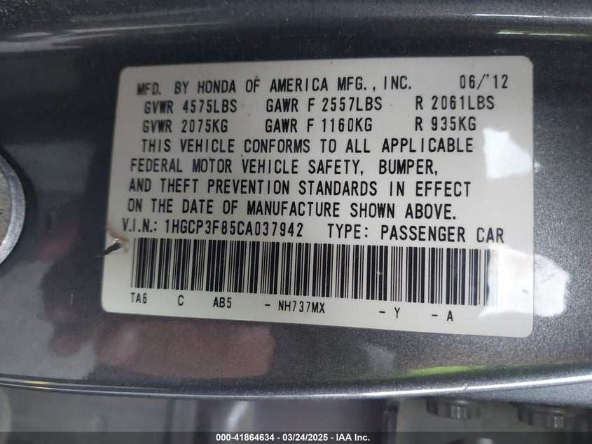 2012 HONDA ACCORD VIN: 1HGCP3F85CA037942