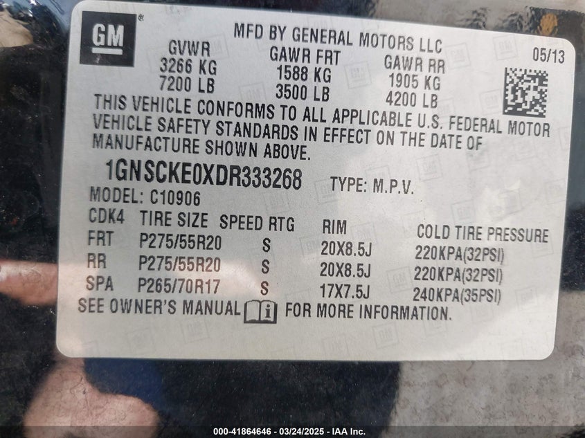 2013 CHEVROLET SUBURBAN VIN: 1GNSCKE0XDR333268