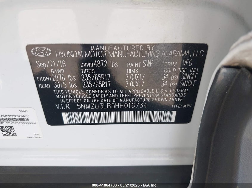 2017 HYUNDAI SANTA FE SPORT 2.4L - 5NMZU3LB5HH016734