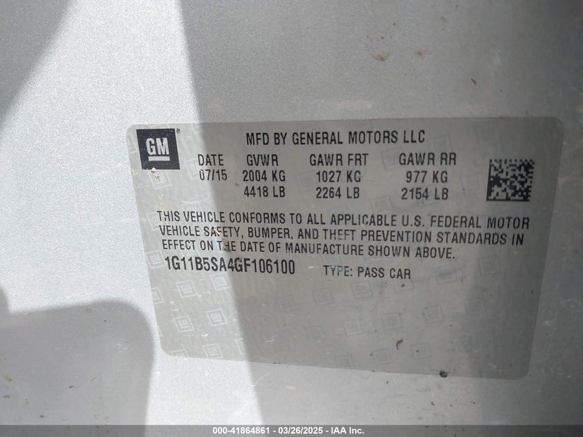 2016 CHEVROLET MALIBU LIMITED VIN: 1G11B5SA4GF106100