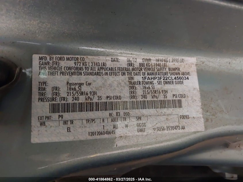 2012 FORD FOCUS VIN: 1FAHP3F22CL456034