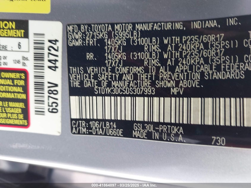 2013 TOYOTA SIENNA VIN: 5TDYK3DC5DS307993