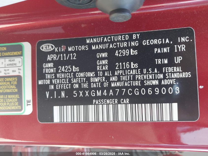 2012 Kia Optima Lx VIN: 5XXGM4A77CG069003 Lot: 41864906