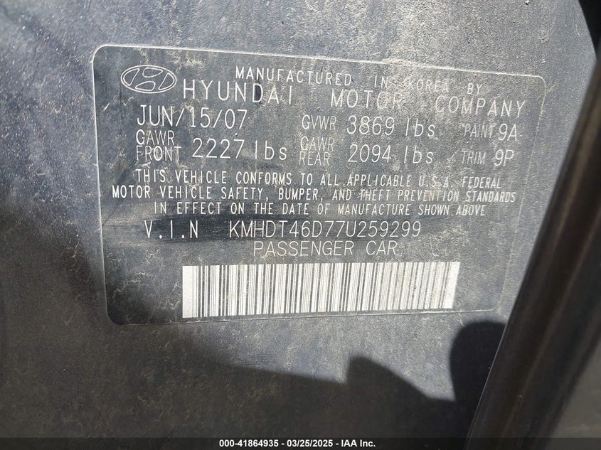 2007 HYUNDAI ELANTRA VIN: KMHDT46D77U259299