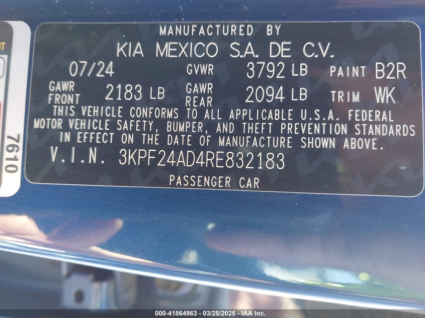 VIN 3KPF24AD4RE832183 2024 KIA FORTE LXS
