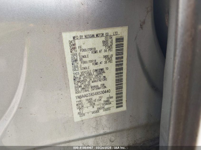 2004 Nissan Titan Se VIN: 1N6AA07A54N530440 Lot: 41864967