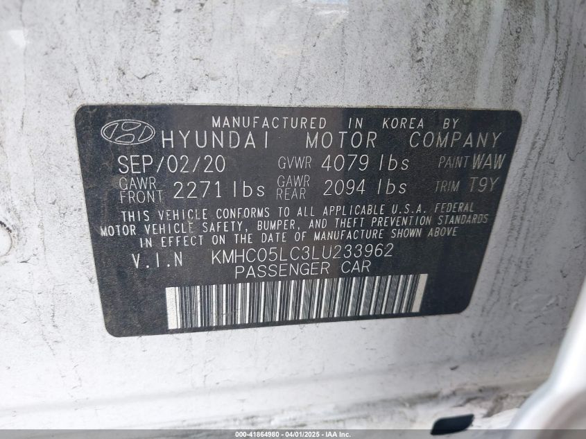 2020 Hyundai Ioniq Hybrid Limited VIN: KMHC05LC3LU233962 Lot: 41864980